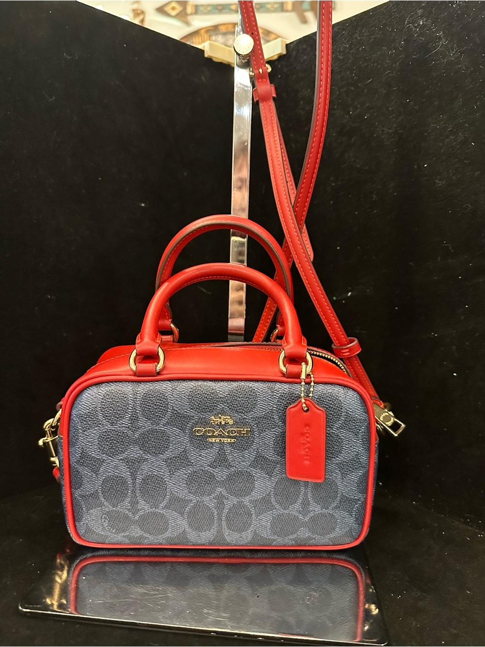 Coach Blue Signature Canvas Crossbody with Red Leather Trim
